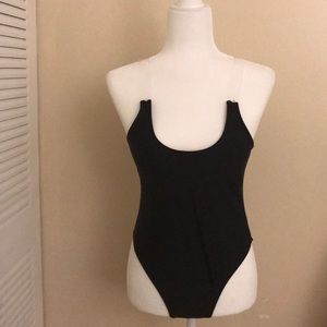 Black one-piece bathing suit w/ clear straps